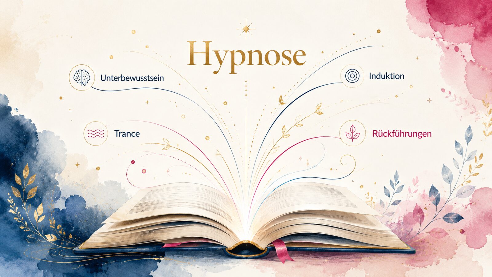 Aufgeschlagenes Buch mit den Begriffen Unterbewusstsein, Induktion, Trance und Rückführungen